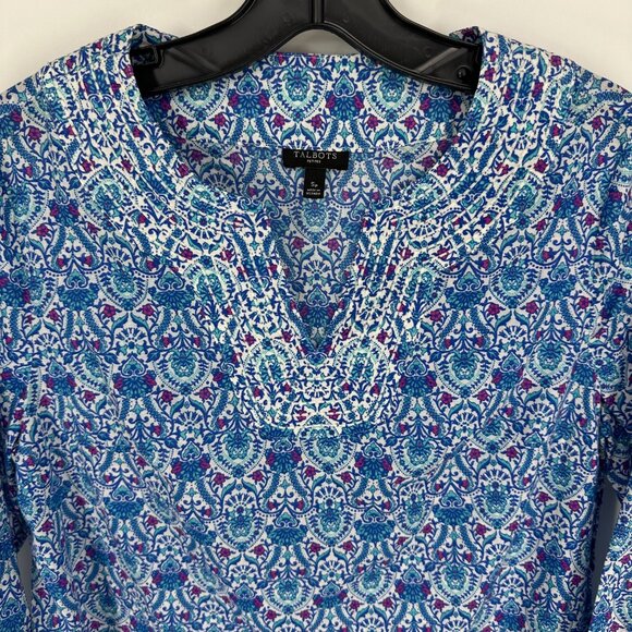 Talbots Batik Print Tunic Top Embroidered Cotton 3/4 Sleeves Casual Blue - Picture 6 of 7